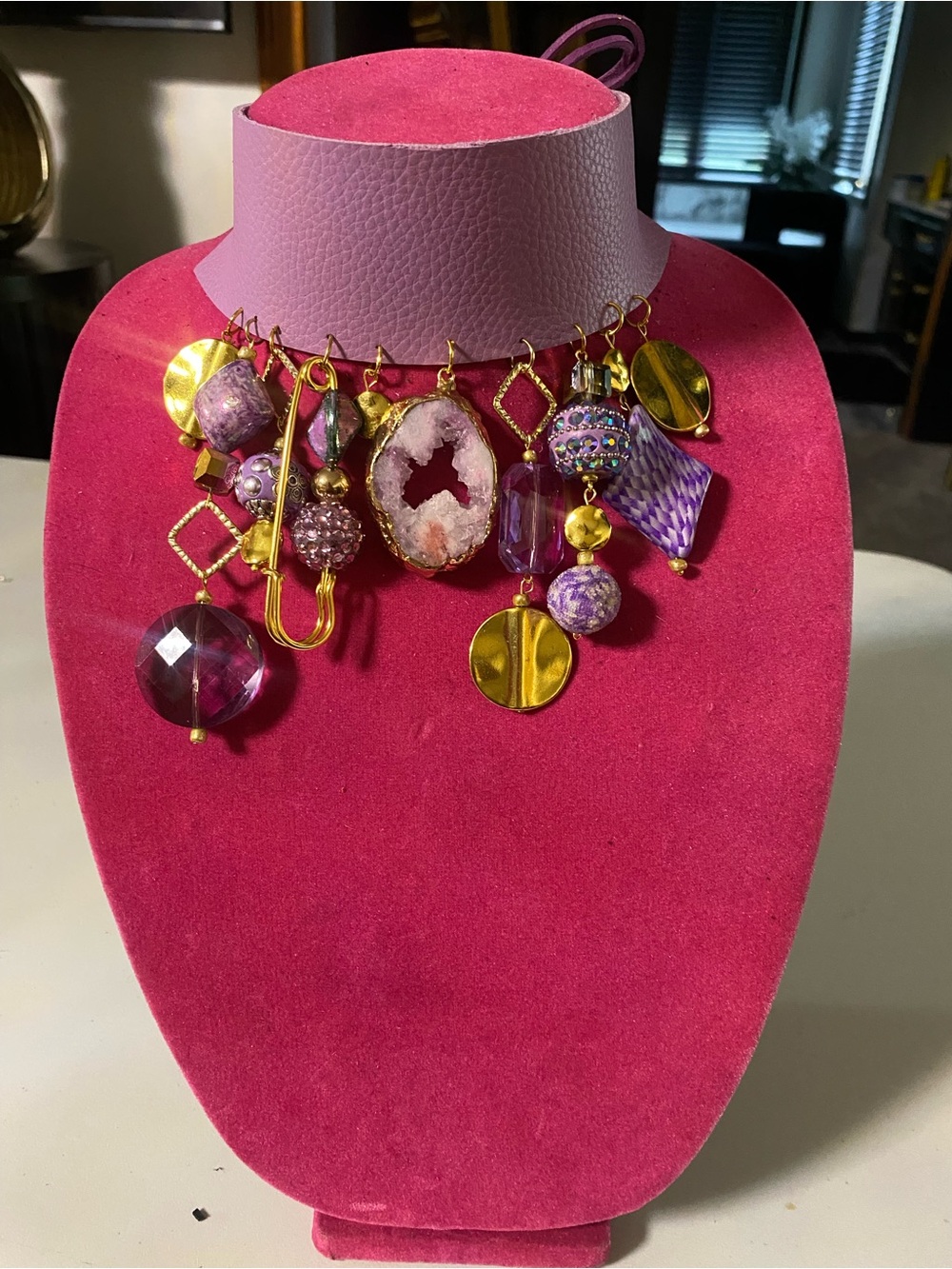 Purple Geode & Charm Statement Necklace - Gold Accents